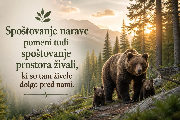 Ko vstopimo v gozd, vstopimo v njihov dom 1 Narava in medvedi v gozdu ob sončnem zahodu, sporočilo o spoštovanju narave in živali.